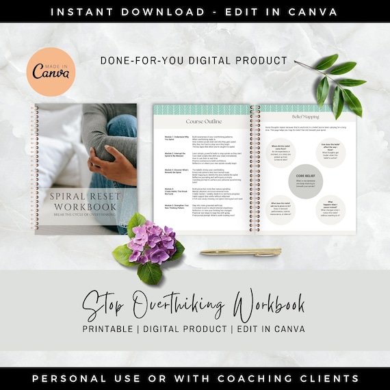 Stop Overthinking Workbook, Spiral Reset Worksheets, Ebook Template Canva, Coaching Business, Life Coach Mindset, Therapist Tools