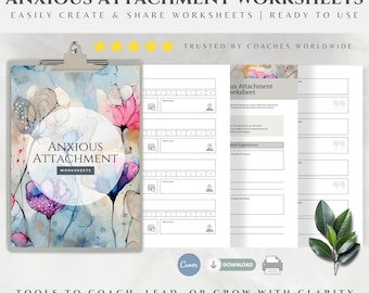 Cuaderno de trabajo sobre el apego ansioso, hojas de trabajo guiadas, herramientas sobre estilos de apego para coaches y desarrollo personal, plantilla de Canva lista para usar para terapia
