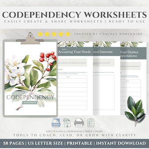 Cuaderno de trabajo sobre codependencia, plantilla de libro electrónico Canva, hojas de trabajo de terapia, herramientas de terapia, materiales imprimibles de autoayuda, coaching, terapia de pareja