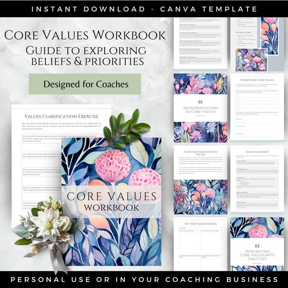Core Values and Beliefs Worksheets, Self Discovery Workbook, Coach Canva Template, Therapy Tools Coaching Business, Self Awareness