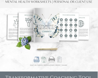 Cognitieve vervormingskaarten, CGT-therapietool, canvasjabloon (digitale download)