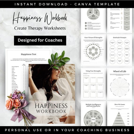 Happiness Workbook Coaching Canva Templates, Therapist Tools Worksheets, Self Care Mental Health Guide, Life Mindset Coach Bundle