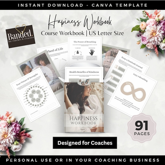 Happiness Workbook Coaching Canva Templates, Therapist Tools Worksheets, Self Care Mental Health Guide, Life Mindset Coach Bundle