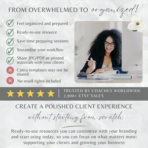 Może przedstawiać: Cyfrowa grafika marketingowa dla zasob&oacute;w coachingowych z tekstem FROM OVERWHELMED TO organized! oraz CREATE A POLISHED CLIENT EXPERIENCE without starting from scratch. Zawiera listę korzyści, zdjęcie pracującej osoby oraz pięć gwiazdek.
