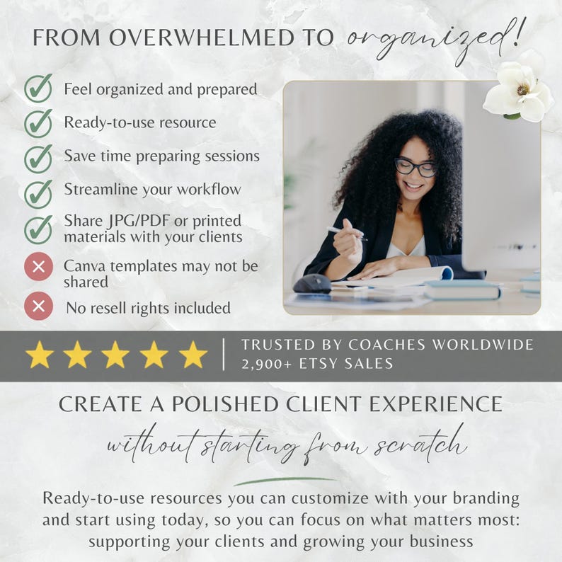 Może przedstawiać: Cyfrowa grafika marketingowa dla zasob&oacute;w coachingowych z tekstem FROM OVERWHELMED TO organized! oraz CREATE A POLISHED CLIENT EXPERIENCE without starting from scratch. Zawiera listę korzyści, zdjęcie pracującej osoby oraz pięć gwiazdek.