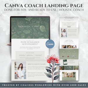 Könnte beinhalten: Eine digitale Landingpage-Vorlage für einen ganzheitlichen Coach mit dunkelgrünem botanischem Hintergrund, weißen Textabschnitten und Platzhaltern für Fotos. Das Design enthält den Text CANVA COACH LANDING PAGE und MADE IN CANVA.