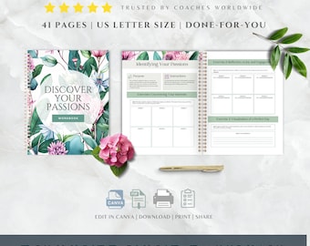 Coach Canva Template, Discover Your Passions, Self Help Printable Mental Health Bundle, Therapy Workbook, Coaching Template, Therapist Tools