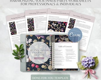 Puede incluir: Un libro de ejercicios de autoexploración con una cubierta de flores oscuras que incluye una tabla de contenidos y varias páginas internas tituladas Navigating Inner Conflict, Cultivating Self-Compassion, Personal Growth and Reflection e Inner Dialogue and Communication.