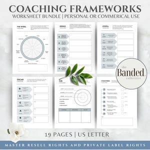 Op de afbeelding: Een bundel coaching werkbladsjablonen met de tekst "COACHING FRAMEWORKS" en "WORKSHEET BUNDLE". De werkbladen bevatten diagrammen en aanwijzingen voor persoonlijk of commercieel gebruik. De bundel bevat 19 pagina's in US Letter-formaat.
