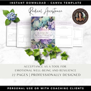 Schede di lavoro sull&#39;accettazione radicale, modello Canva per coach, quaderno di lavoro DBT, attività di coaching, kit di strumenti per la terapia, risorse per la terapia di consulenza