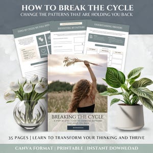 Puede incluir: Un libro de ejercicios titulado Breaking The Cycle con una portada que muestra a una persona sosteniendo hierba seca en un campo. Detrás hay tres páginas impresas con encabezados como Types of Cycles e Identifying My Pattern.