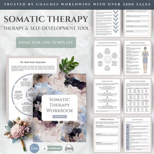 Op de afbeelding: Een sjabloon voor een somatisch therapiewerkboek met een omslag met een abstract aquarelontwerp in blauwe, zwarte en beige tinten. De set bevat meerdere pagina's met tekst, diagrammen en grafieken gericht op de integratie van lichaam en geest.