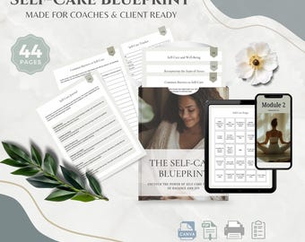 May include: A 44-page Self-Care Blueprint document set featuring printed pages, a tablet displaying a self-care bingo grid, and a smartphone showing Module 2. The materials include text headers like Common Barriers to Self-Care and Self-Care Journal, accompanied by a white flower and green leaves.