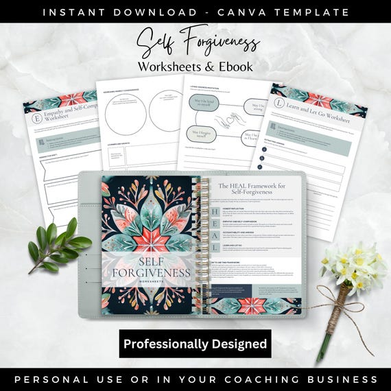 Self Forgiveness Coach Canva Template, Therapist Tools, Therapy Workbook, Coaching Business, DFY Digital Products, Therapist Worksheets