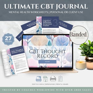 May include: A digital CBT journal set featuring 27 pages of mental health worksheets, including a Daily Thought and Emotion Tracker, Cognitive Distortion Awareness Tracker, and Mood and Emotion Log. The set is displayed on a laptop screen.