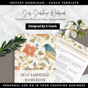 eBook Canva Template Self Sabotage Workbook & Worksheets, Self Work and Self Esteem, CBT, Self Identity and Mental Health Therapist Tools