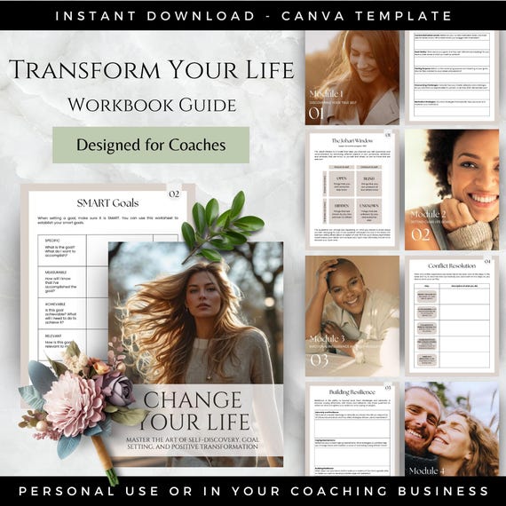 Transform Your Life Workbook, Coach Canva Template, Goal Setting, Wellness Healing Life Coaches, Coaching Business, Personal Development