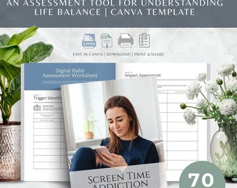 Screen Time Addiction Canva Worksheets, Digital Detox, Phone Addiction and Mindful Technology Tools (Digital Download)