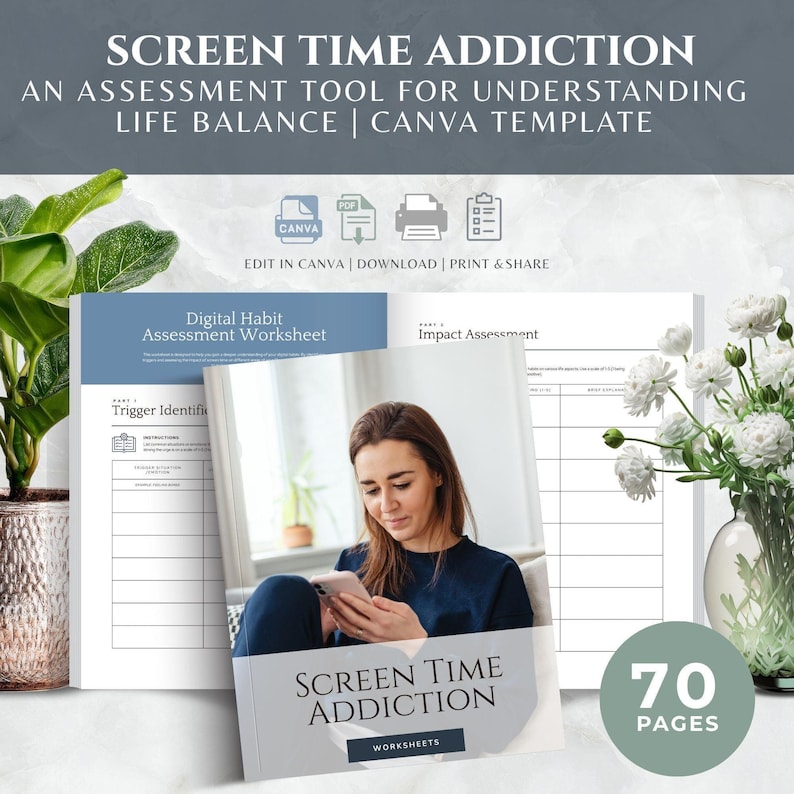Screen Time Addiction Canva Worksheets, Digital Detox, Phone Addiction and Mindful Technology Tools (Digital Download) image 1