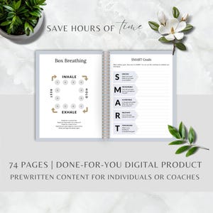 K&ouml;nnte beinhalten: Notizbuch mit Spiralbindung, mit Diagrammen zu "Box Breathing" und "SMART Goals". Der Text lautet "SAVE HOURS OF time" und "74 PAGES | DONE-FOR-YOU DIGITAL PRODUCT PREWRITTEN CONTENT FOR INDIVIDUALS OR COACHES."