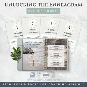 Könnte beinhalten: Ein digitales Vorlagenset mit dem Titel Unlocking the Enneagram, bestehend aus einem spiralgebundenen Leitfaden mit Strandfoto und Enneagramm-Symbol, vier Infokarten mit den Nummern 1 bis 4 sowie Symbolen für Canva, PDF, Drucken und Teilen.