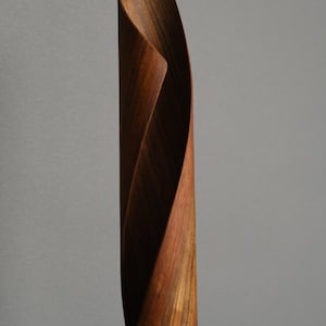 A wooden sculpture of a twisted, spiraling form. The sculpture is made of dark brown wood with a natural grain pattern. The sculpture is tall and slender, and it appears to be made of multiple pieces of wood that have been joined together.