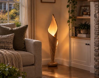 May include: A tall, floor-standing lamp crafted from light-colored wood, featuring a curved, spiraling design that resembles a blooming flower or flame. The lamp emits a warm, soft glow from within its hollow, tapered structure.