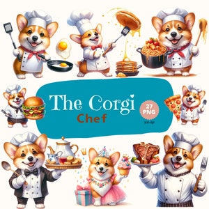 Entzückende Corgis, lustiger Corgis Koch, süßer Hund Koch, Koch Png, Haustiere Png, Koch Bundle, Essen & Süßigkeiten Clipart, Aquarell Kochen, Küchendekoration
