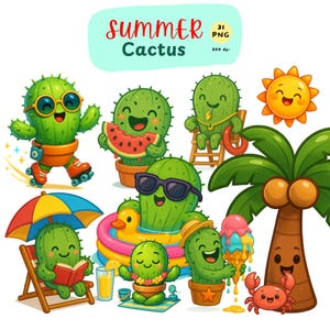 Letni Kaktus, Zabawny Clipart Kaktusa, Akwarela Kaktus, Kaktusowa Kreskówka, Letnia Plaża, Letnie Png, Aktywności Plażowe, Koszulka, Sztuka Ścienna Dla Dzieci