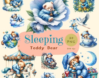 Sleeping Teddy Bear, Watercolor Teddy Bear Clipart Bundle, Blue Teddy Bear Clipart, Baby Shower PNG, Baby Shower For a Boy, Nursery Clipart