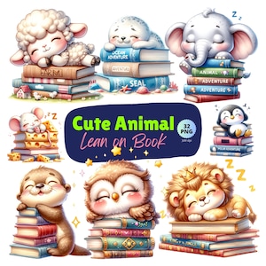 Watercolor Cute Animal Lean on Books, Cute Animal Clipart, Animal Reading Png, Bookworm Clipart, Booklover Clipart, Book PNG, Nursery Decor