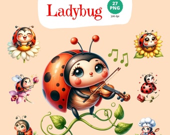 Cute Ladybug, Watercolor Ladybug Clipart, Ladybug Png, Spring Summer Bug,  Kawaii Ladybug, Adorable Insect, Ladybug Clipart Bundle, Birthday