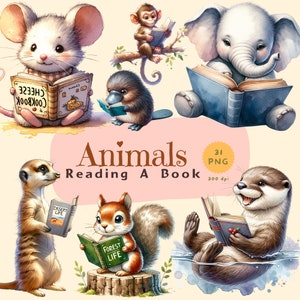 Watercolor Animal Reading A Book, Cute Animal Clipart, Bookworm Animals Clipart, Booklover Clipart, Book PNG, Nursery Decor, Scrapbooking