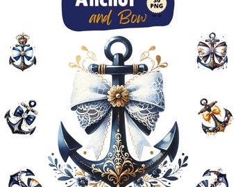 Anchor and Bow Clipart, Nautical png, Nautical Graphic, Nautical Decor, Ocean Clip Art, Anchor Print, Nautical Wall Art, Nautical T-Shirt