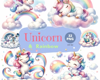 以下が含まれることがあります： かわいいユニコーンと虹をフィーチャーした32のデジタルイラストのセット。ユニコーンは、飛んでいる、寝ている、シャボン玉を吹いているなど、さまざまなポーズで描かれています。虹はカラフルで幻想的です。