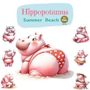 Hipopotam Clipart, Zabawny Pakiet Hipopotamów, Hipopotam Png, Letnia Plaża, Sezon Letni, Lato Png, Aktywności Plażowe, Surfing Png, Koszulka, Przedszkole