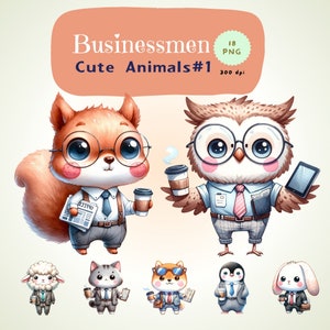 Businessmen Png, Cute Businessmen clipart, Cute Animals, Watercolor Animal Clipart, Cute Caricature Business Animals, Coffee Lover, Prints