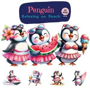 Penguin on Beach Clipart, Summer Png, Watercolor Summer, Summer Beach Clipart, Beach Party Clipart, Seasonal Clipart ,Penguin Png, Fruit Png