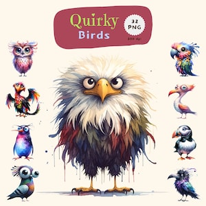 Quirky Birds, Whimsical Birds Png, Whimsical Birds Clipart, Bird Pictures, Png Birds Bundle, Funny and Cute Birds Clipart, Watercolor Birds