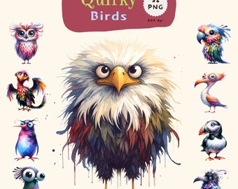 Quirky Birds, Whimsical Birds Png, Whimsical Birds Clipart, Bird Pictures, Png Birds Bundle, Funny and Cute Birds Clipart, Watercolor Birds