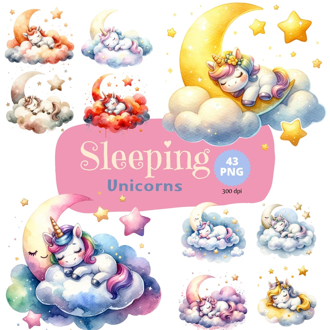 Sleeping Unicorn, Watercolor Unicorn Clipart, Unicorn Clipart Bundle ...