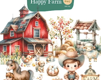 May include: A watercolor illustration of a happy farm scene with a red barn, a well, a tree with pink blossoms, a hay bale, a cute boy wearing a cowboy hat, a brown and white pony, a brown and white puppy, a turkey, a duck, a chicken, and a lamb. The illustration also includes a sign that says "FARM".