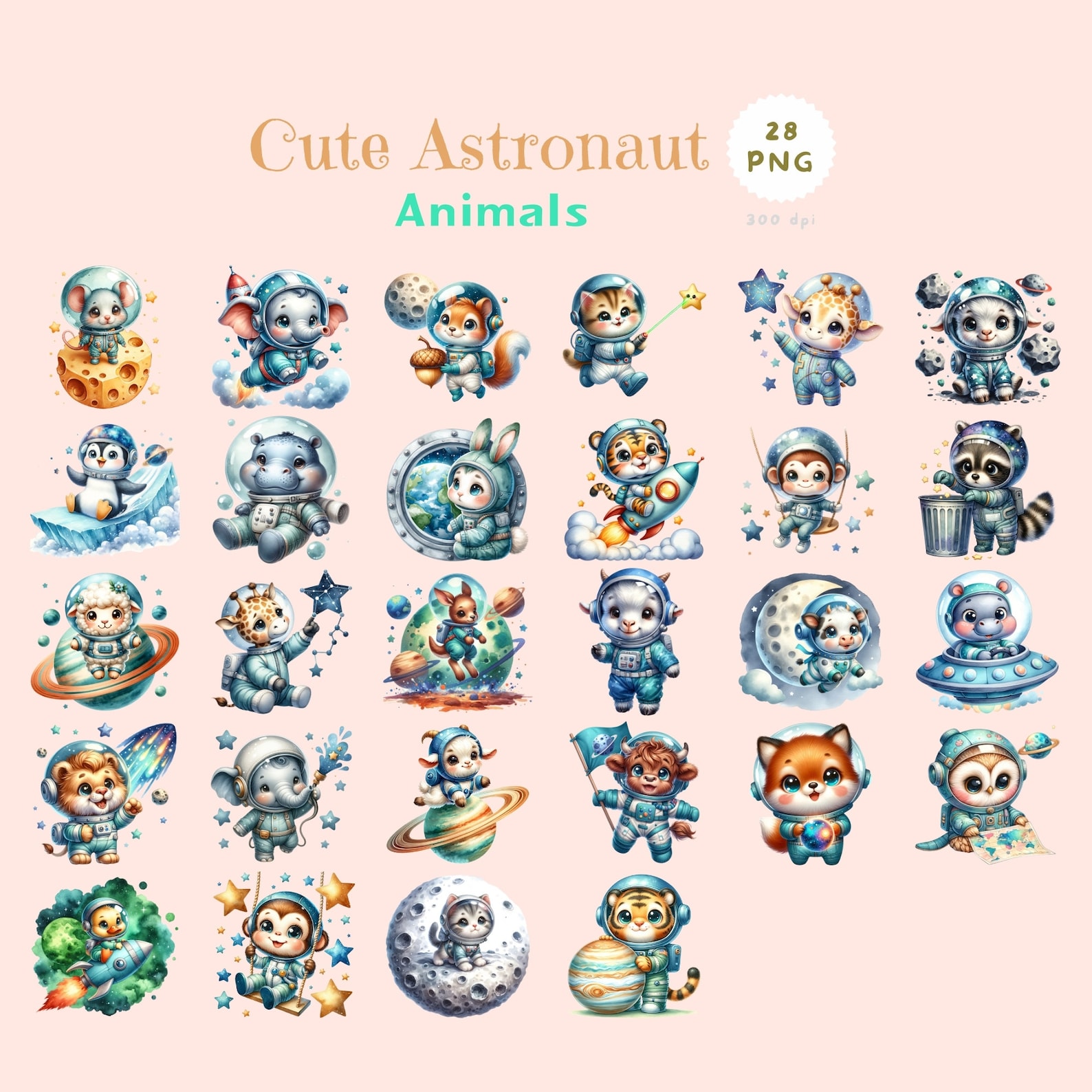 Cute Astronaut Animals, Watercolor Cute Animal Clipart, Astronaut ...