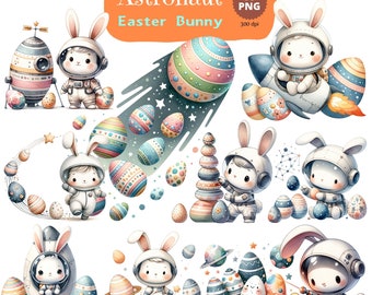 Astronaut Hase, Osterhase, Ostereier bündeln, Aquarell Astronaut Clipart, Aquarell Ostern Clipart, Weltraum PNG, Kinderzimmer Clipart