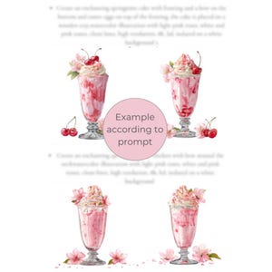 Puede incluir: Ilustraci&oacute;n en acuarela de cuatro batidos rosas con crema batida, cerezas y flores. Los batidos est&aacute;n en vasos transparentes. La imagen tiene un fondo blanco y el texto "Example according to prompt".
