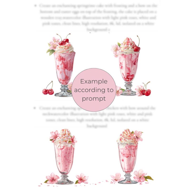 Puede incluir: Ilustraci&oacute;n en acuarela de cuatro batidos rosas con crema batida, cerezas y flores. Los batidos est&aacute;n en vasos transparentes. La imagen tiene un fondo blanco y el texto "Example according to prompt".