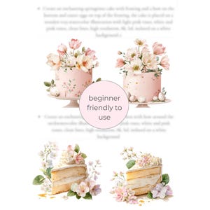 May include: Watercolor illustrations of cakes decorated with flowers. Two cakes are round and pink, adorned with white and pink flowers. Two slices of cake are also shown, decorated with flowers. The text "beginner friendly to use" is in a pink circle.