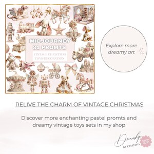 May include: A collection of vintage Christmas toys and decorations in pastel colors. The image includes a bunny, angel, rocking horse, and other charming items. Text reads "MIDJOURNEY 31 PROMTS VINTAGE CHRISTMAS TOYS/DECORATION".