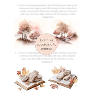 May include: Watercolor illustrations featuring a landscape with trees and a pair of mittens and a pair of socks on an open book, surrounded by autumn leaves. The text in the image says "Example according to prompt".