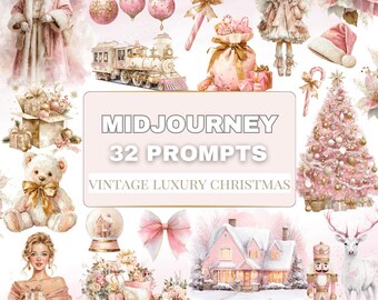 Vintage Christmas Midjourney Prompts: Pink Watercolor AI Art (32 Prompts)